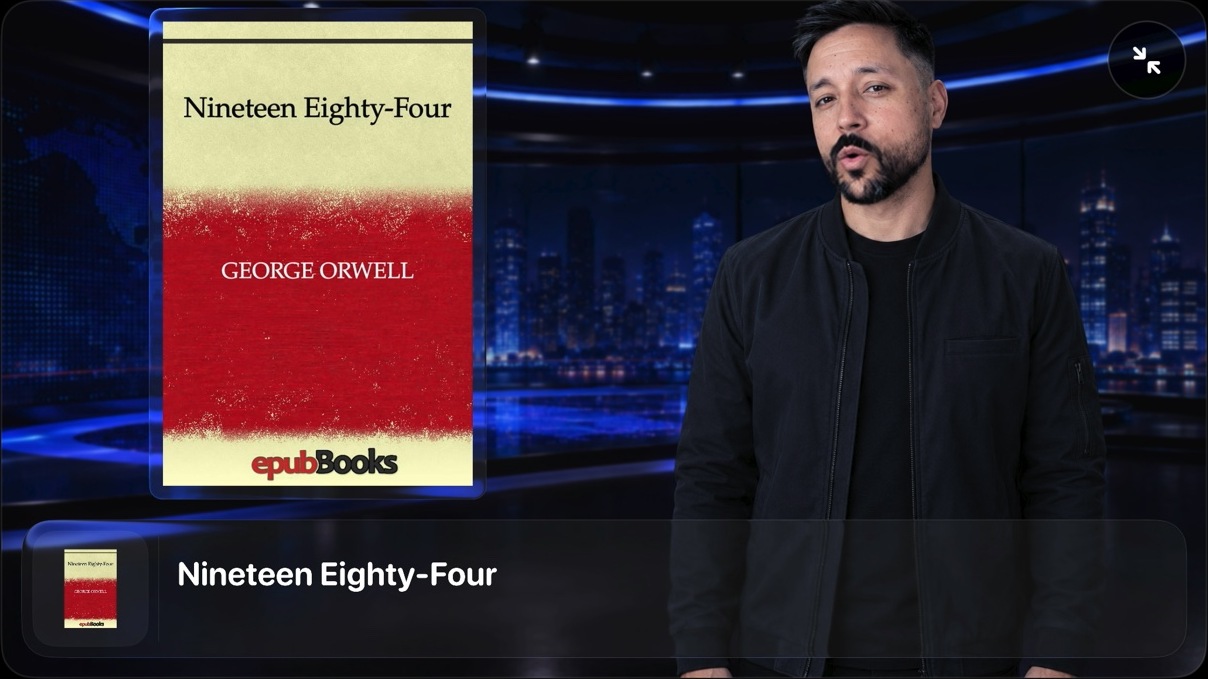 A male animated presenter appears beside the cover of Nineteen Eighty-Four in a blue broadcast set.