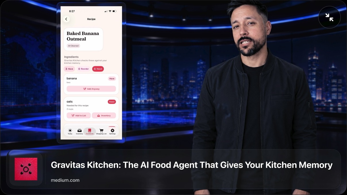 An animated presenter explains a Gravitas Kitchen article while its iPhone recipe image appears beside him.