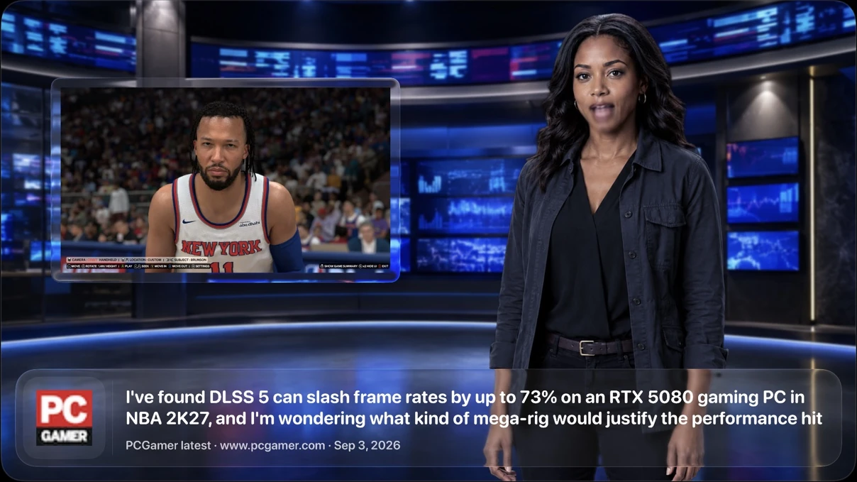 A Robot Radio presenter delivers a PC Gamer segment alongside source imagery from an NBA 2K27 article.