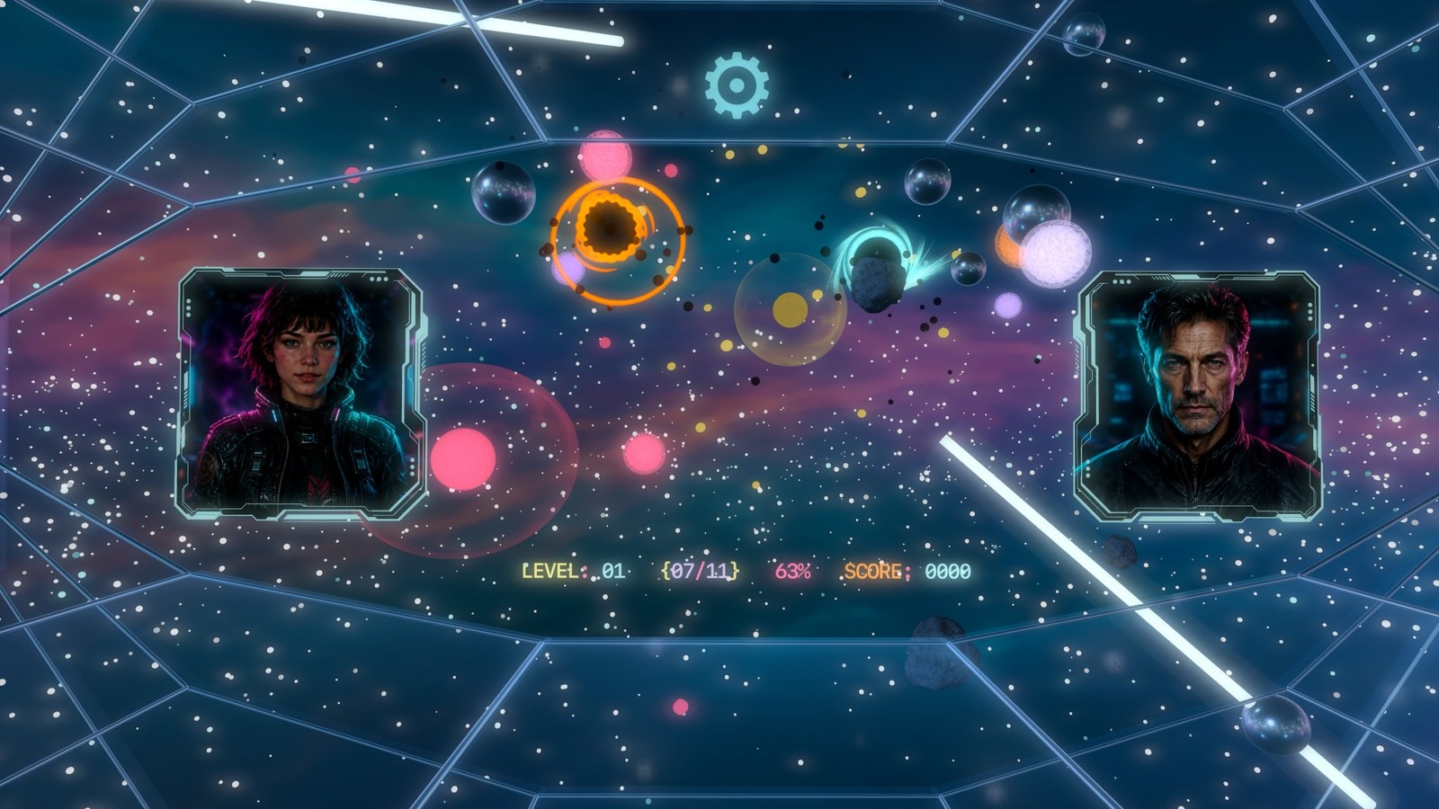 Blue immersive galaxy with glowing spheres, laser beams, and MindsEye characters on both sides.