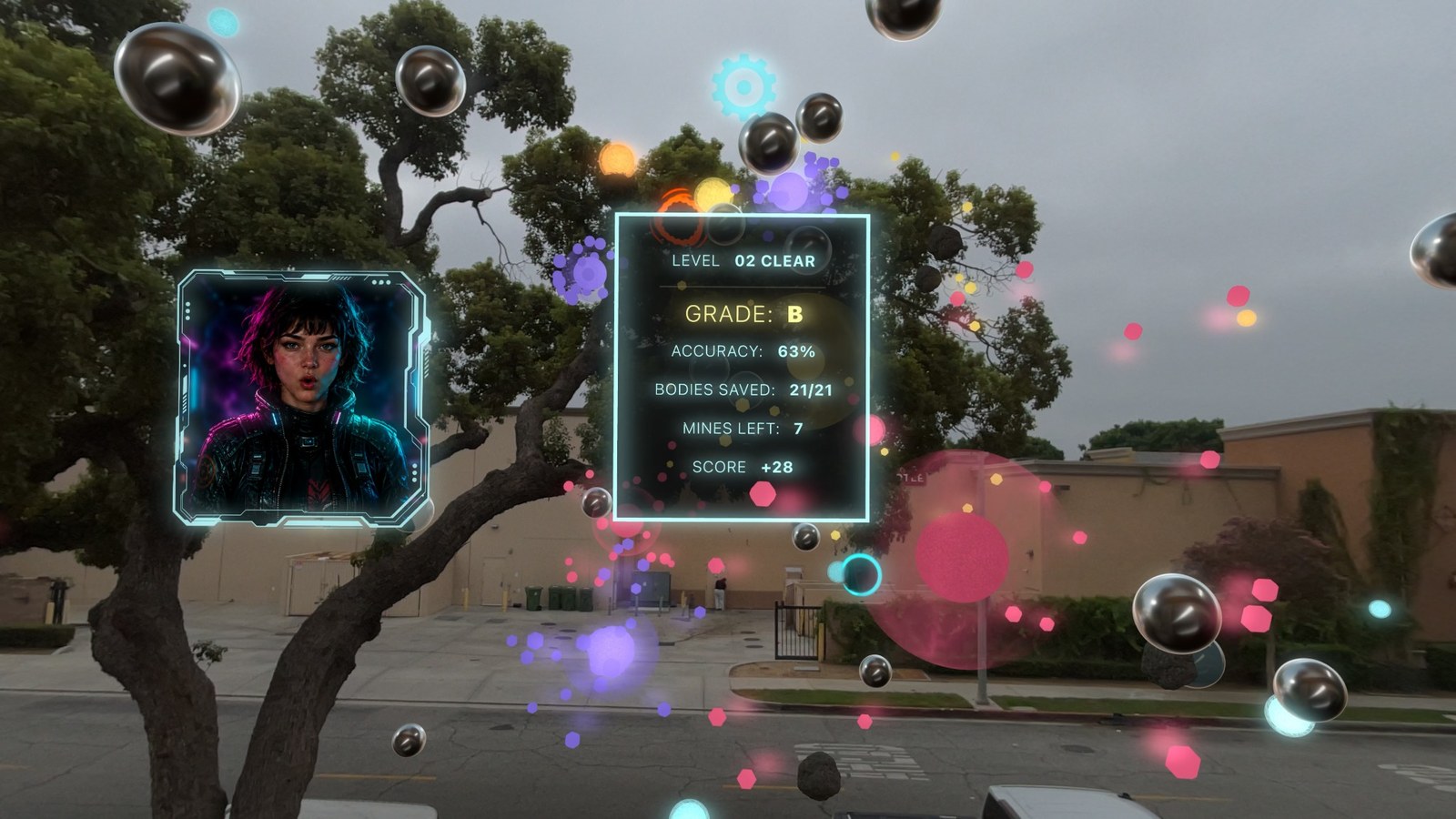 A character is shown mid-dialogue beside a level-clear scorecard, with particles and reflective spheres in passthrough.