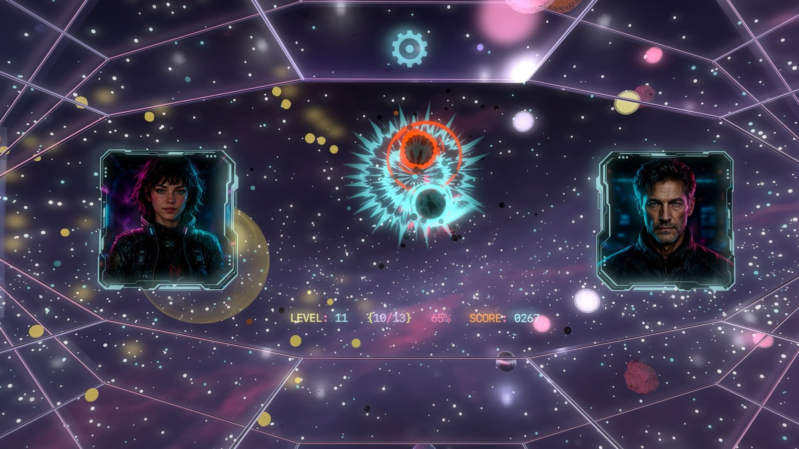 Actual gameplay: two framed MindsEye character portraits flank a cyan energy burst inside a neon, star-filled arena.