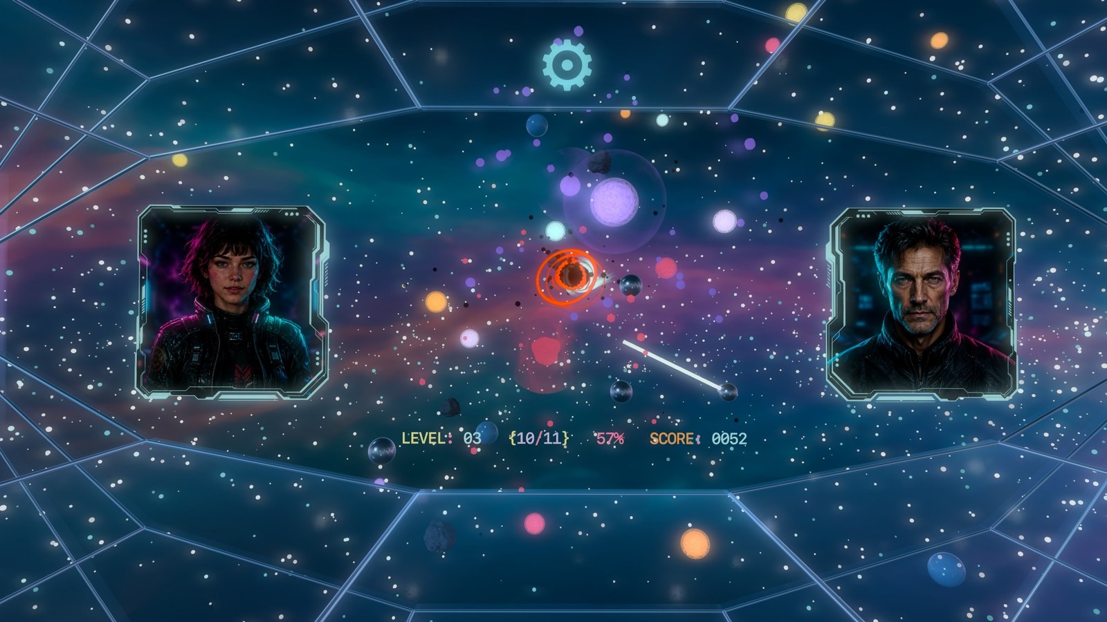 Full-immersion gameplay inside a blue geometric arena, with stars, glowing spheres, and two character portraits.
