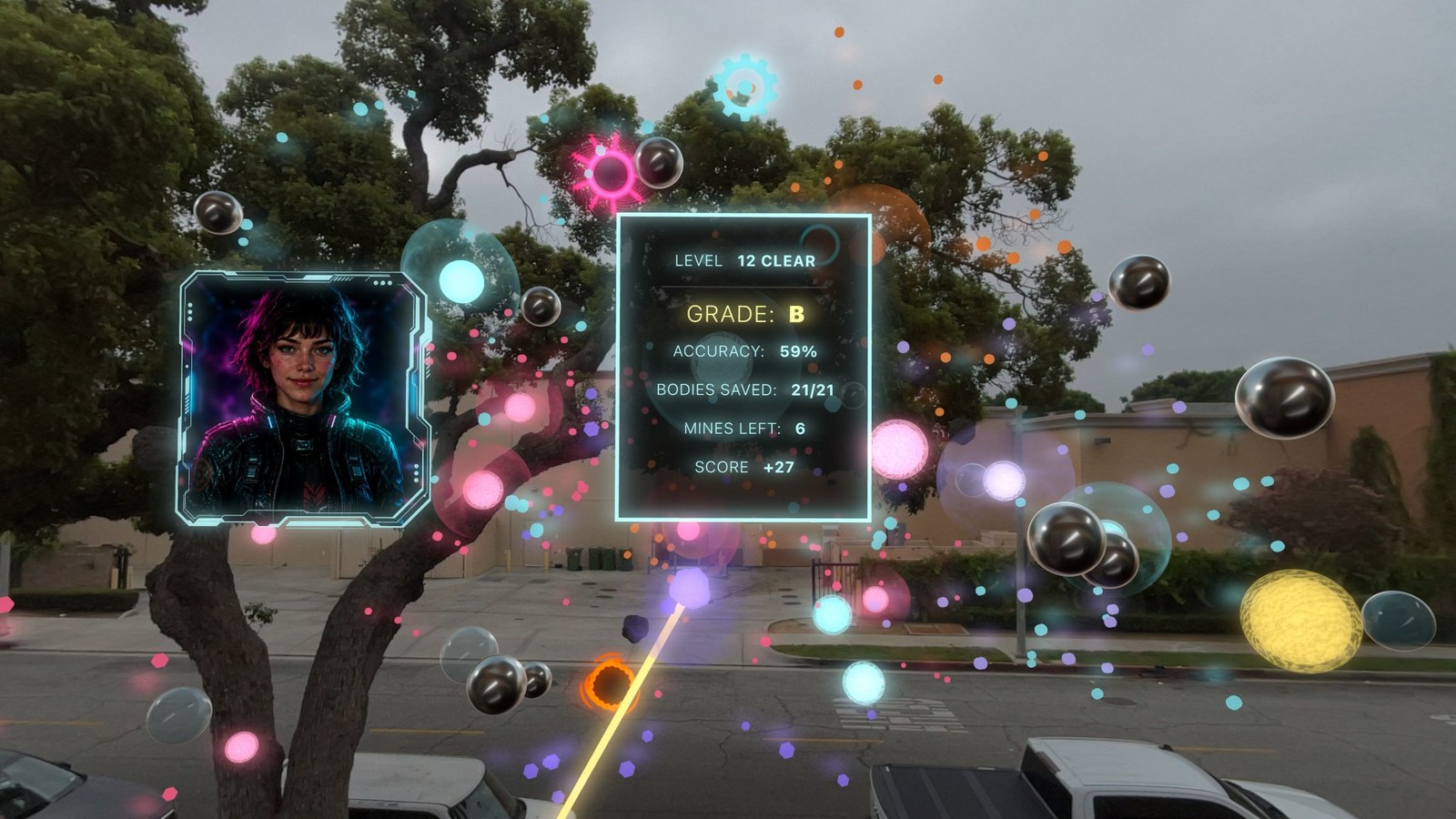 Mixed-reality gameplay over a real-world street view, with a character portrait, a level-clear scorecard, and floating neon spheres.