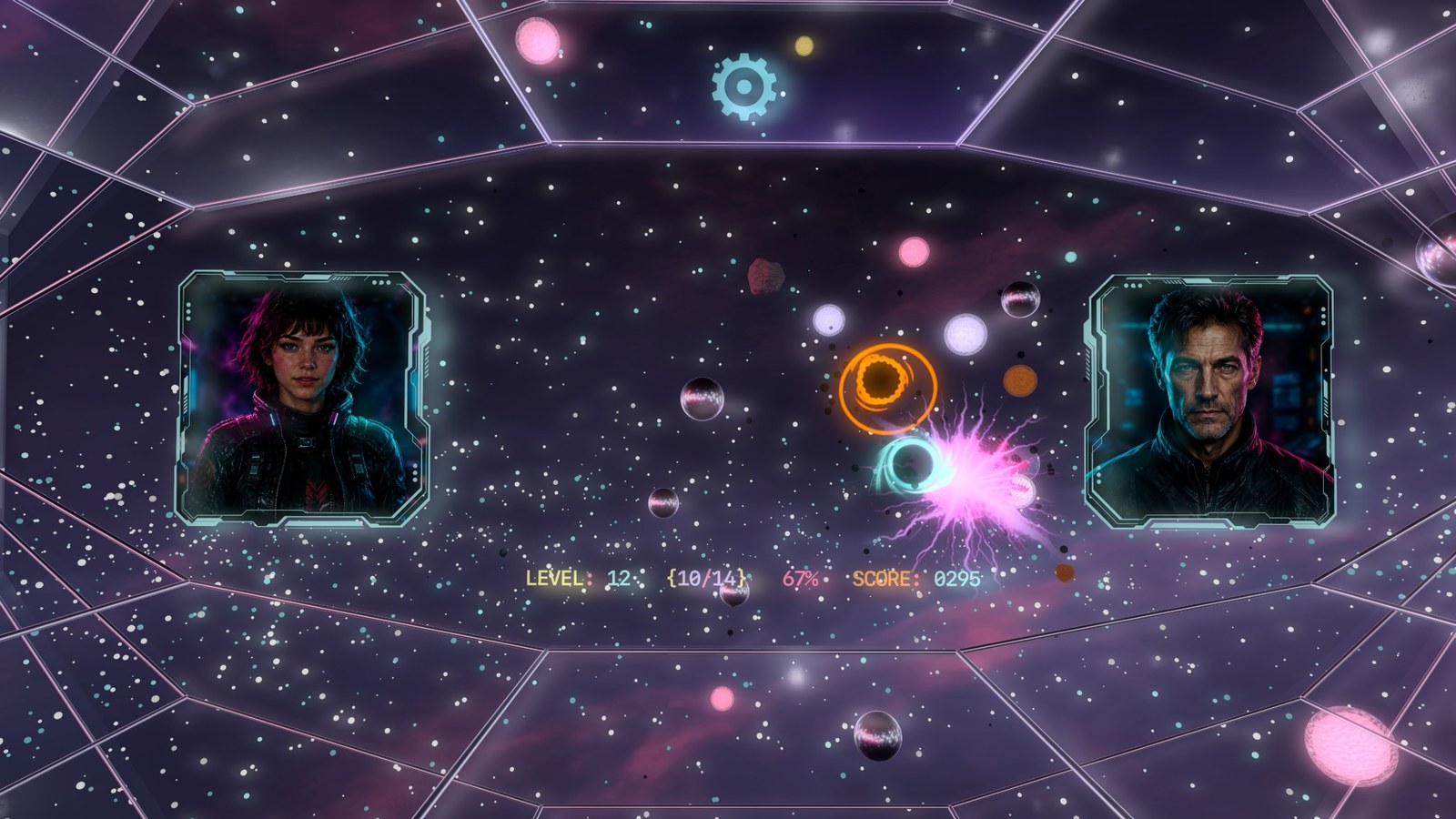 A bright magenta burst erupts between glowing rings while two framed characters remain visible in the HUD.