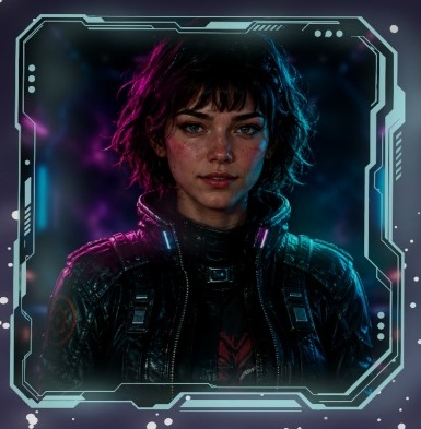 Gameplay detail of a short-haired character in a cyan-framed communication portrait.