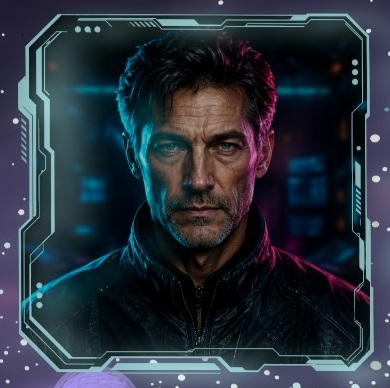 Gameplay detail of a dark-haired character lit in cyan and magenta inside a matching communication frame.