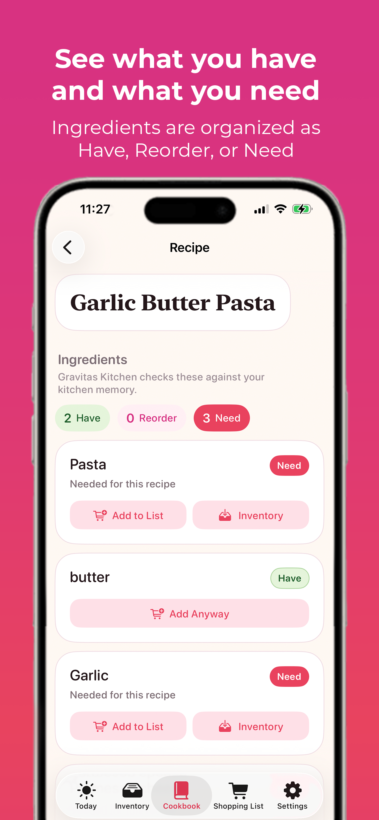 Gravitas Kitchen recipe assistant screen
