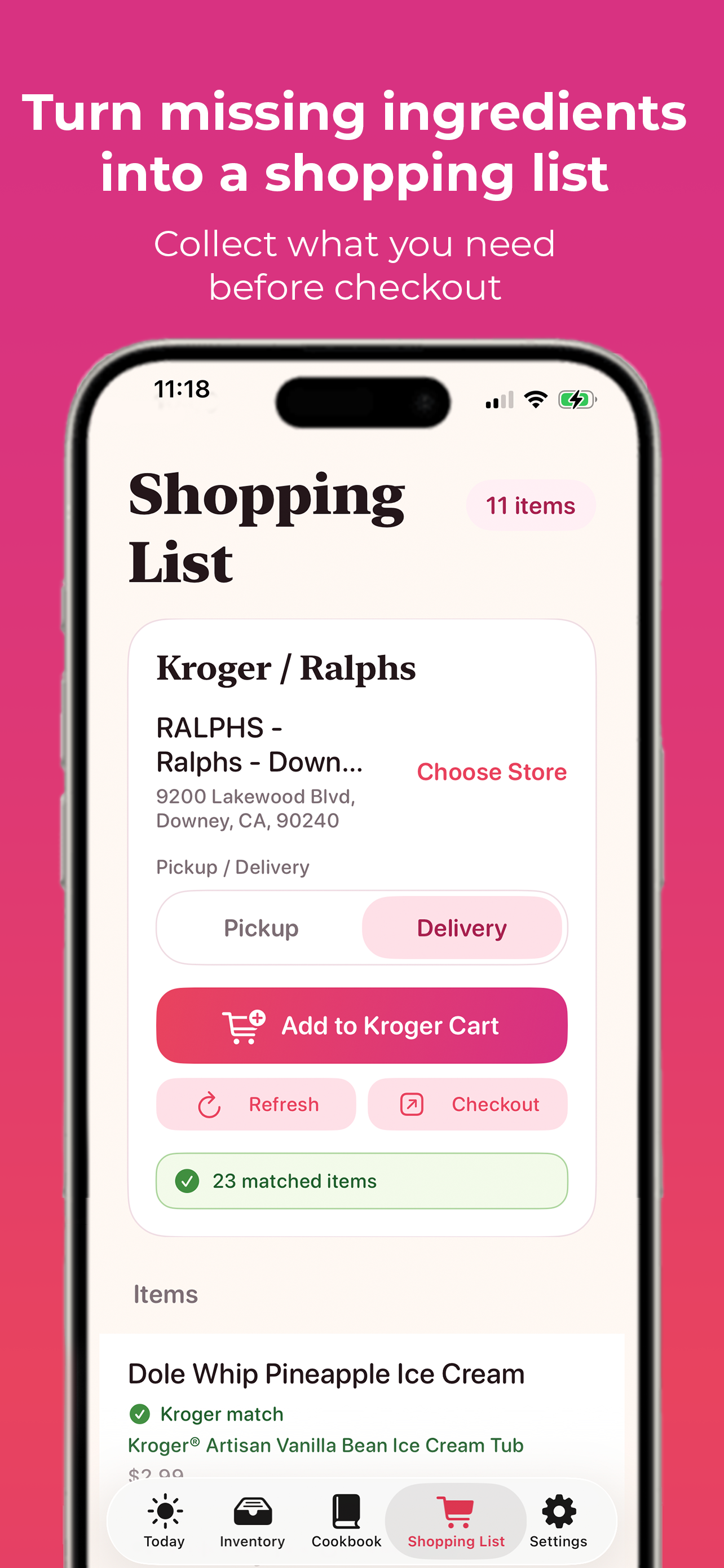 Gravitas Kitchen shopping list screen