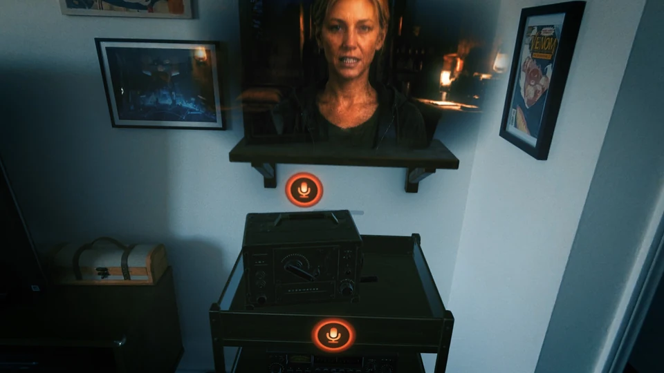 An animated woman’s portrait appears above a stack of story radios, with orange microphone controls visible in the room.