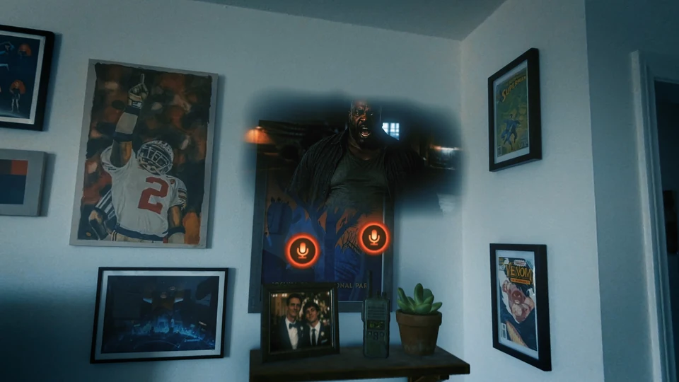 An animated character portrait appears above a photograph and a walkie-talkie on a shelf, with orange microphone controls.