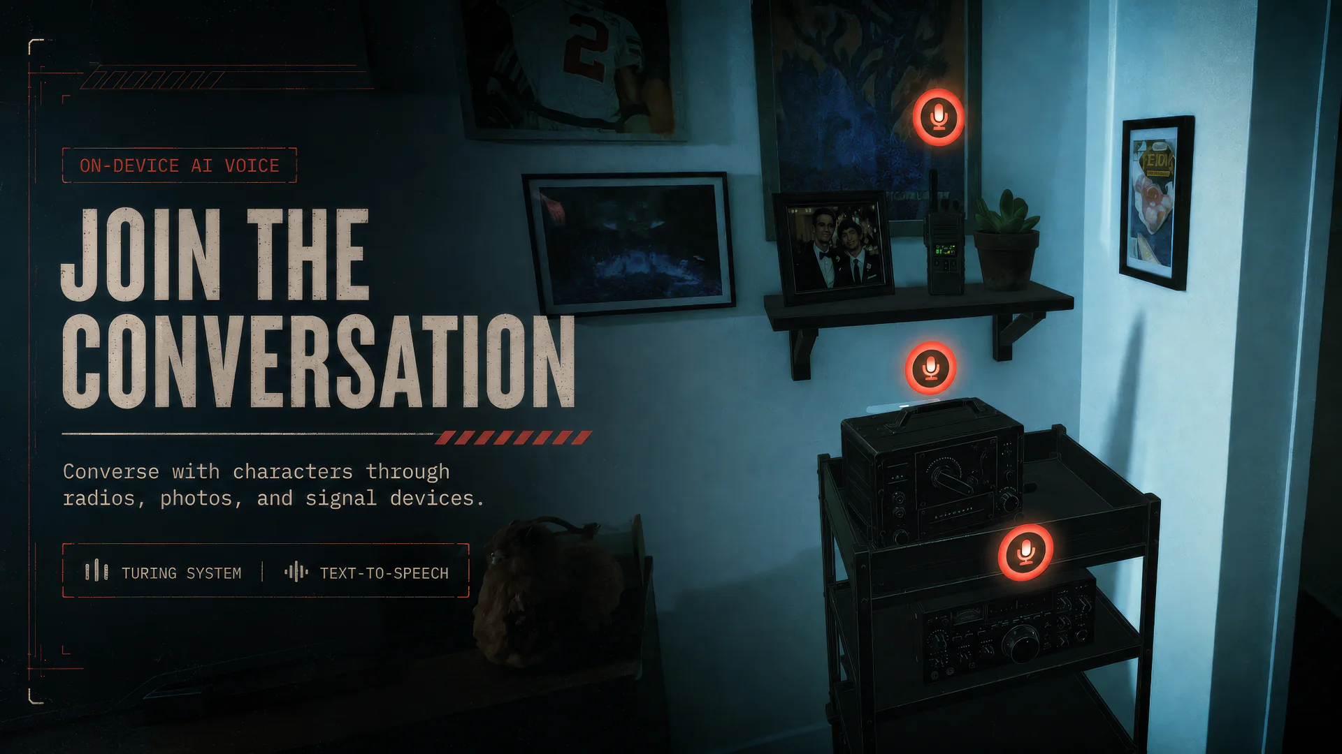 Promotional artwork showing radio props with glowing microphone icons and the heading Join the Conversation.