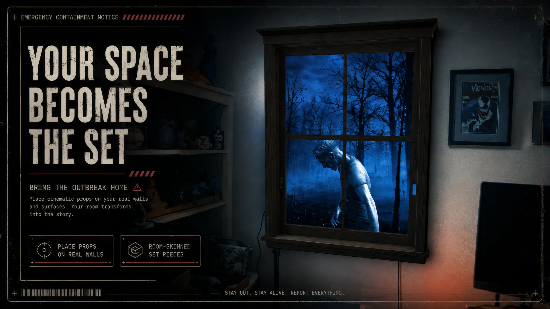 Promotional artwork showing a blue-lit window portal in a bedroom with the heading Your Space Becomes the Set.
